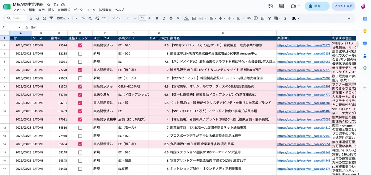BATONZ案件のソーシング管理スプシ。連絡チェックを付けると自動でBATONZで実名開示依頼を送信するようにしてました。